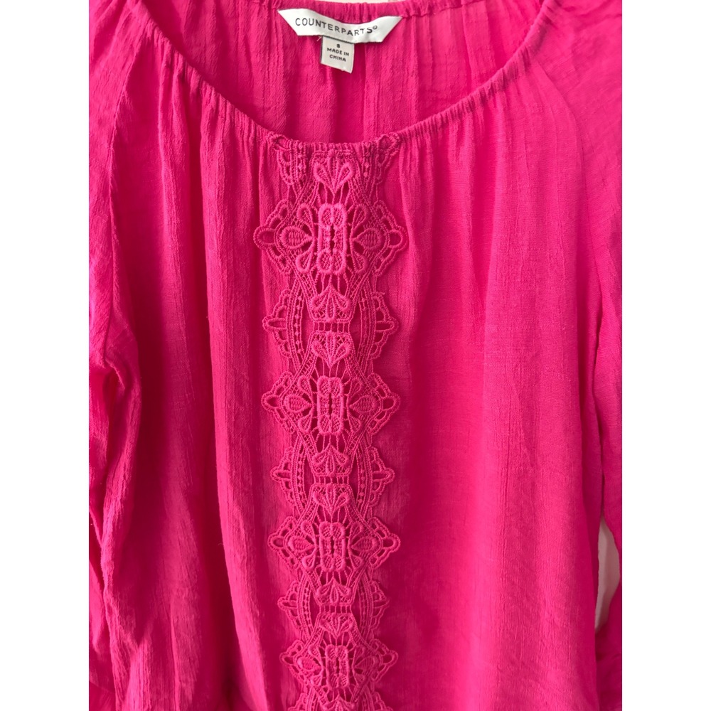 Counterparts Womens Pink Crochet Lace Embroidered Bell Sleeve Ruffle Blouse S - Picture 2 of 7